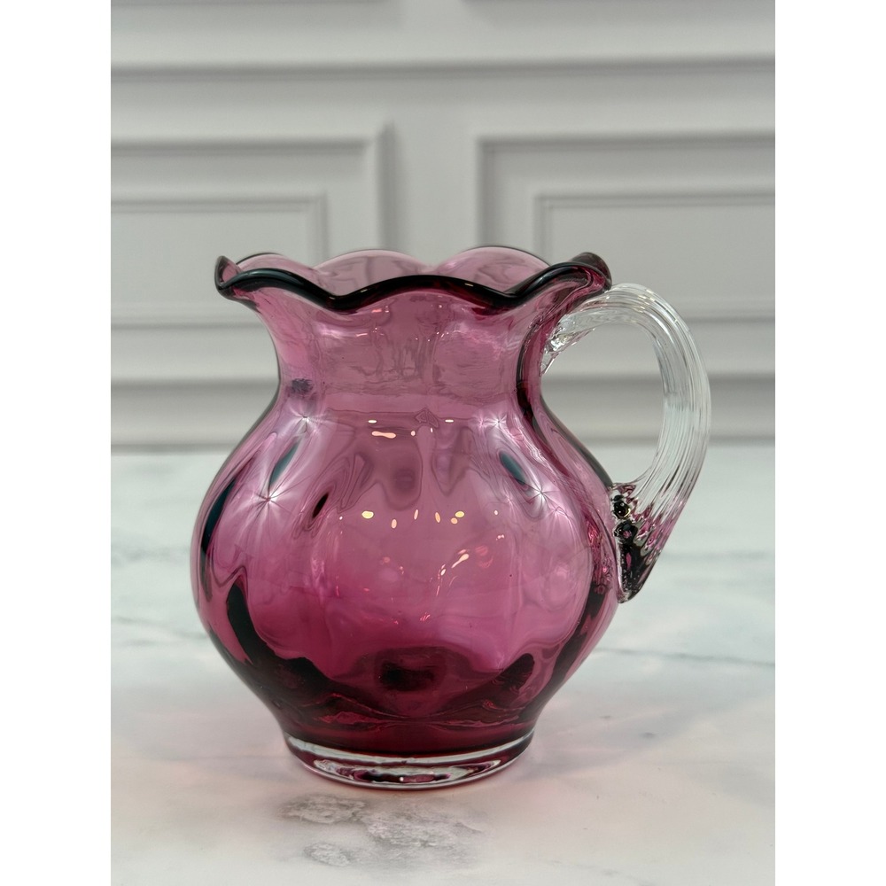 VTG Pilgrim Cranberry Glass Mini Pitcher Creamer Ruffled Edge 3.5in